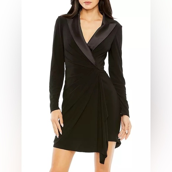 New Ieena Mac Duggal Jersey and Satin Wrap Mini Dress Black Blazer Suiting Sz 2 - Picture 1 of 13
